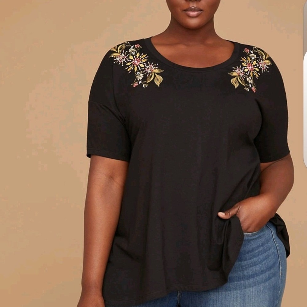 Lane Bryant Black Floral Embroidered Scoop Neck T-Shirt 22/24 1096342